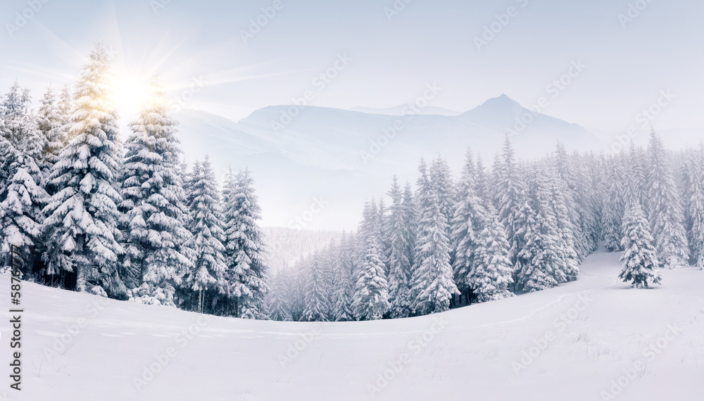 Panorama of the foggy winter landscape in the mountains - obrazy, fototapety, plakaty 