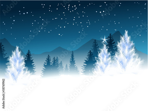 Winter landscape with white Christmas trees