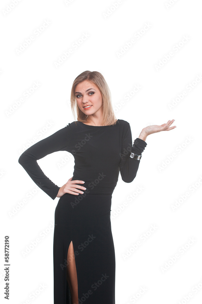 Woman presenting something on white background Woman presenting something on white background