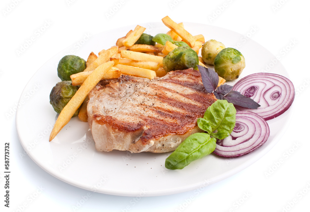pork chops with french fries and brussels sprouts pork chops with french fries and brussels sprouts