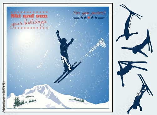 Alpine landscape, Skier flying in the sun and mountains