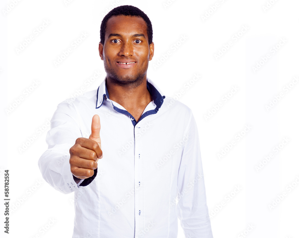 Handsome black man thumbs up, isolated on white background Stock Photo