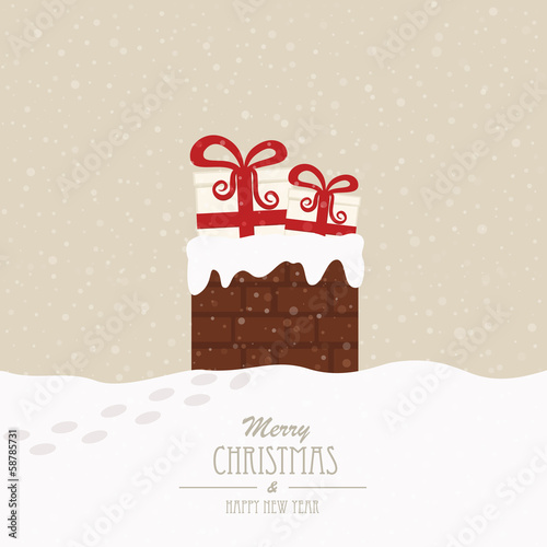 christmas gift in chimney winter background