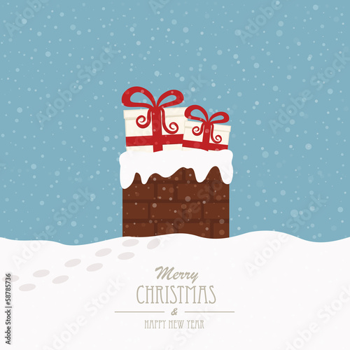 christmas gift in chimney winter background