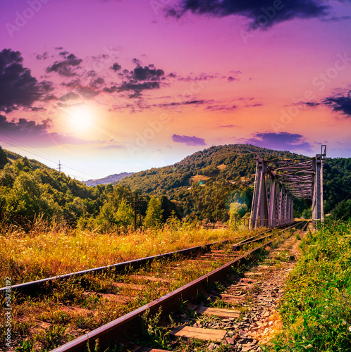 morning rail metal bridge in mountains