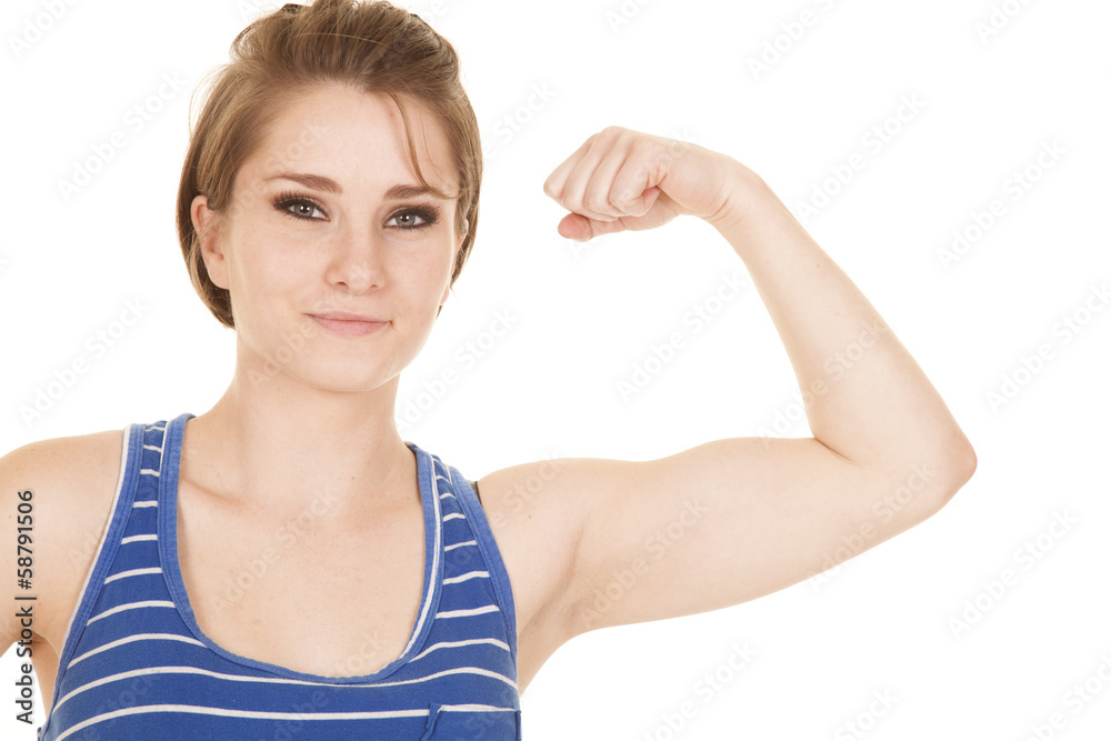 woman blue striped tank fitness flex close woman blue striped tank fitness flex close