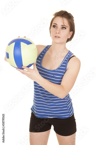 woman blue striped tank fitness volleyball look side