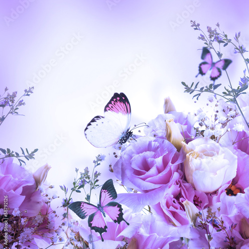Bouquet of pink roses and butterfly, floral background