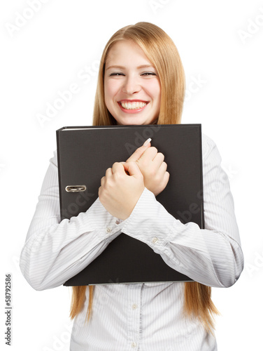 Smiling woman holding black folder with both hands