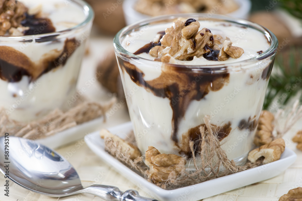 Walnut Yoghurt with Chocolate sauce Walnut Yoghurt with Chocolate sauce