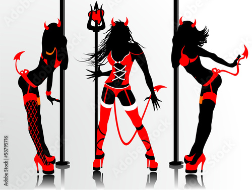 Women's vector silhouettes in devil's erotic suits