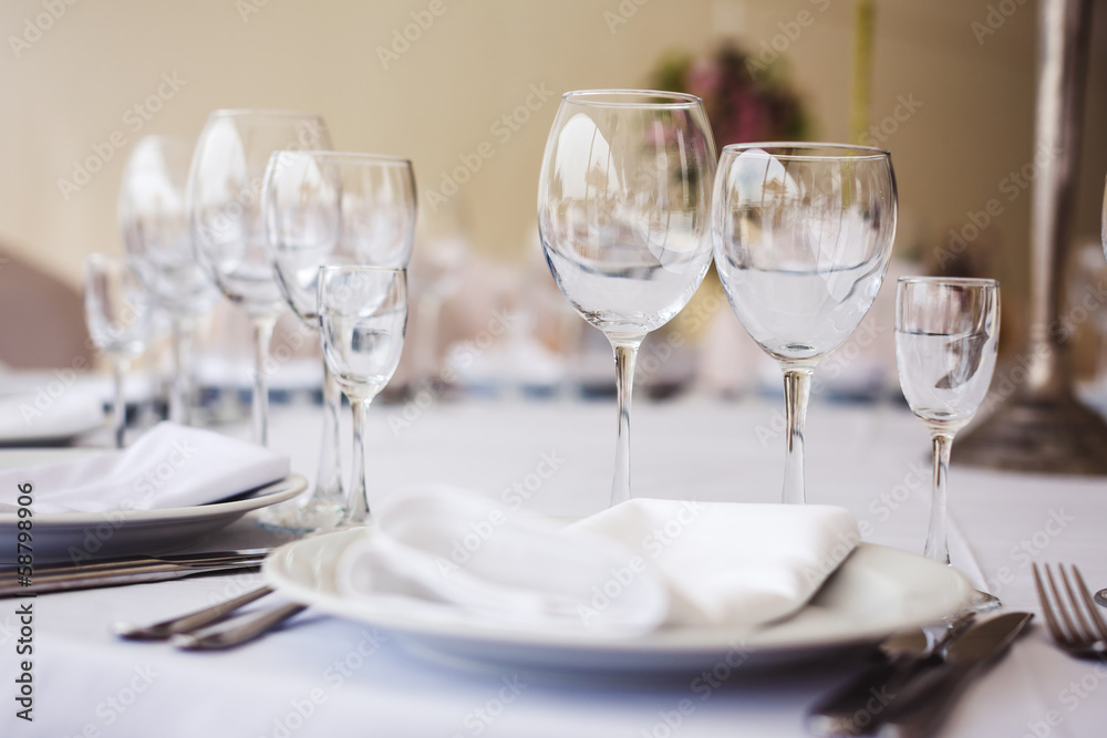 Empty glasses set in restaurant