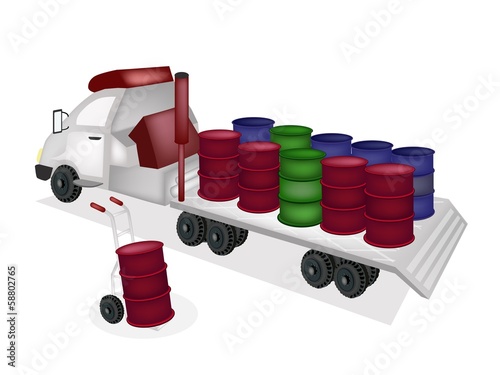 Hand Truck Loading Oil Barrels into Tractor Trailer Flatbed