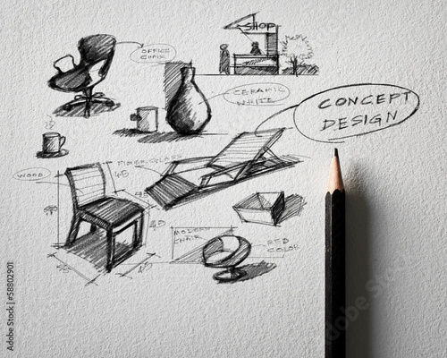 pencil sketch of furniture concept design on white paper