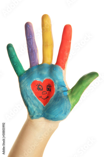 Painted hand with smile isolated on white