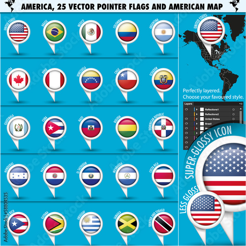 America Pointer Flag Icons with american Map set1