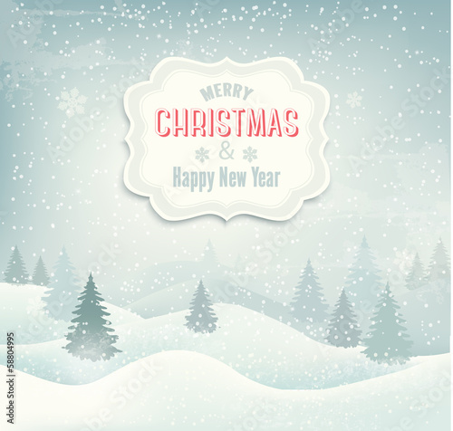 Retro holiday christmas background with winter landscape. Vector