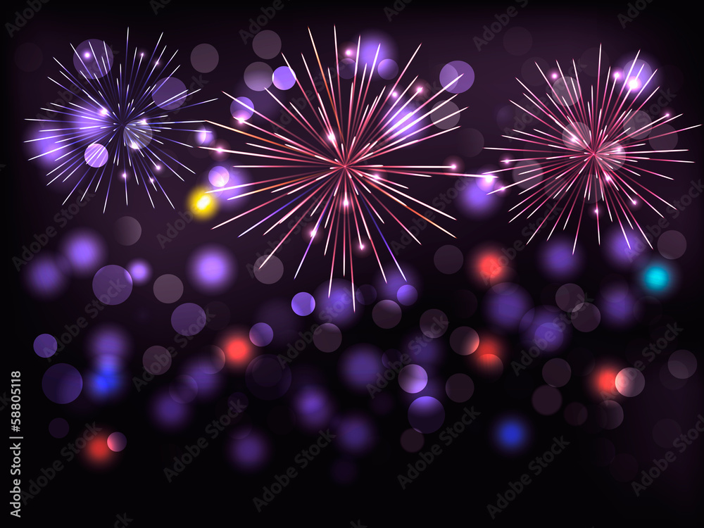 Obraz premium Holiday background with colorful fireworks. Happy New Year! Vect