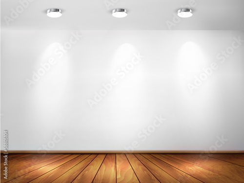 Wall with spotlights and wooden floor. Showroom concept. Vector