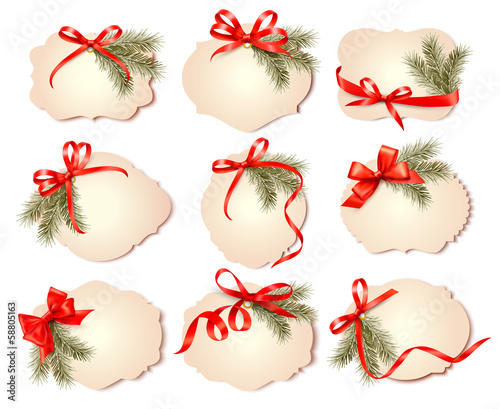 Set of christmas gift cards with red gift bows with ribbons Vect