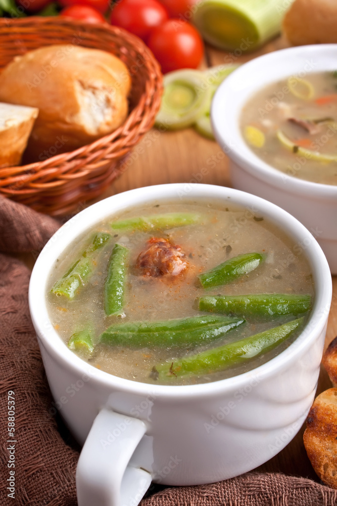 vegetable soup with meatballs, green beans and bread vegetable soup with meatballs, green beans and bread