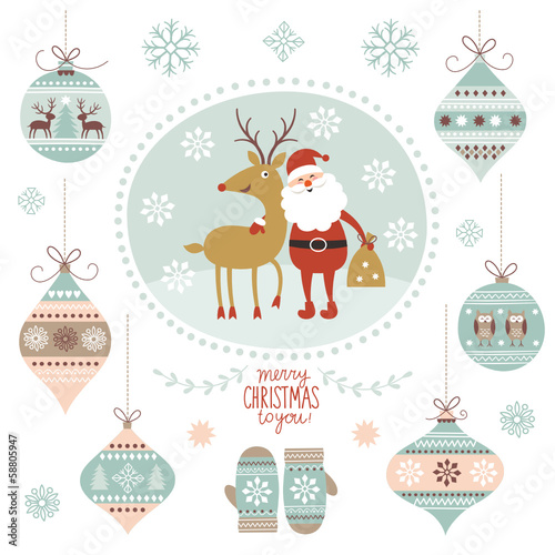 Christmas illustration, Santa Claus and Deer, hanging toys