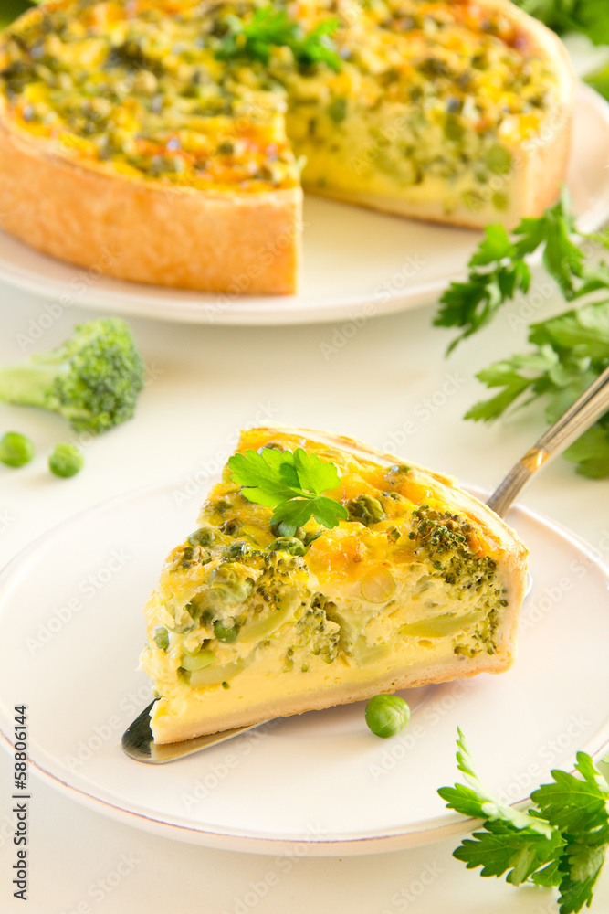 Vegetable pie with broccoli, peas and cheese.