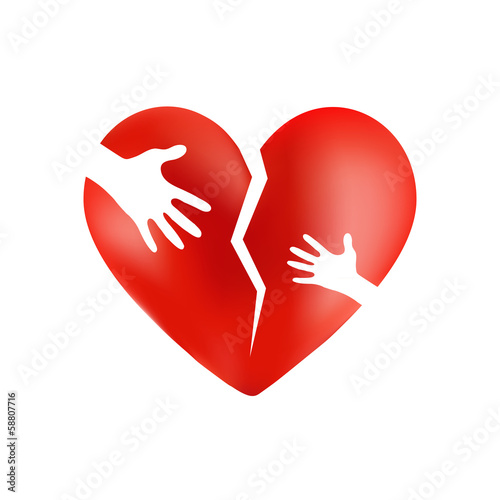 Broken heart with hands of adult and child isolated on white bac