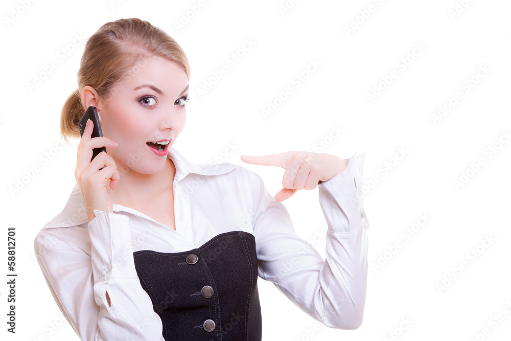 Surprised businesswoman pointing phone. Business communication. Surprised businesswoman pointing phone. Business communication.