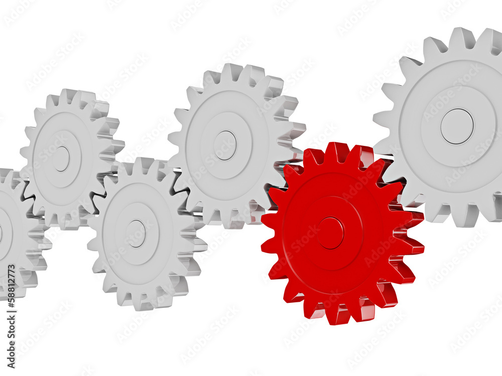 Gear cogwheels in row working together on white Gear cogwheels in row working together on white