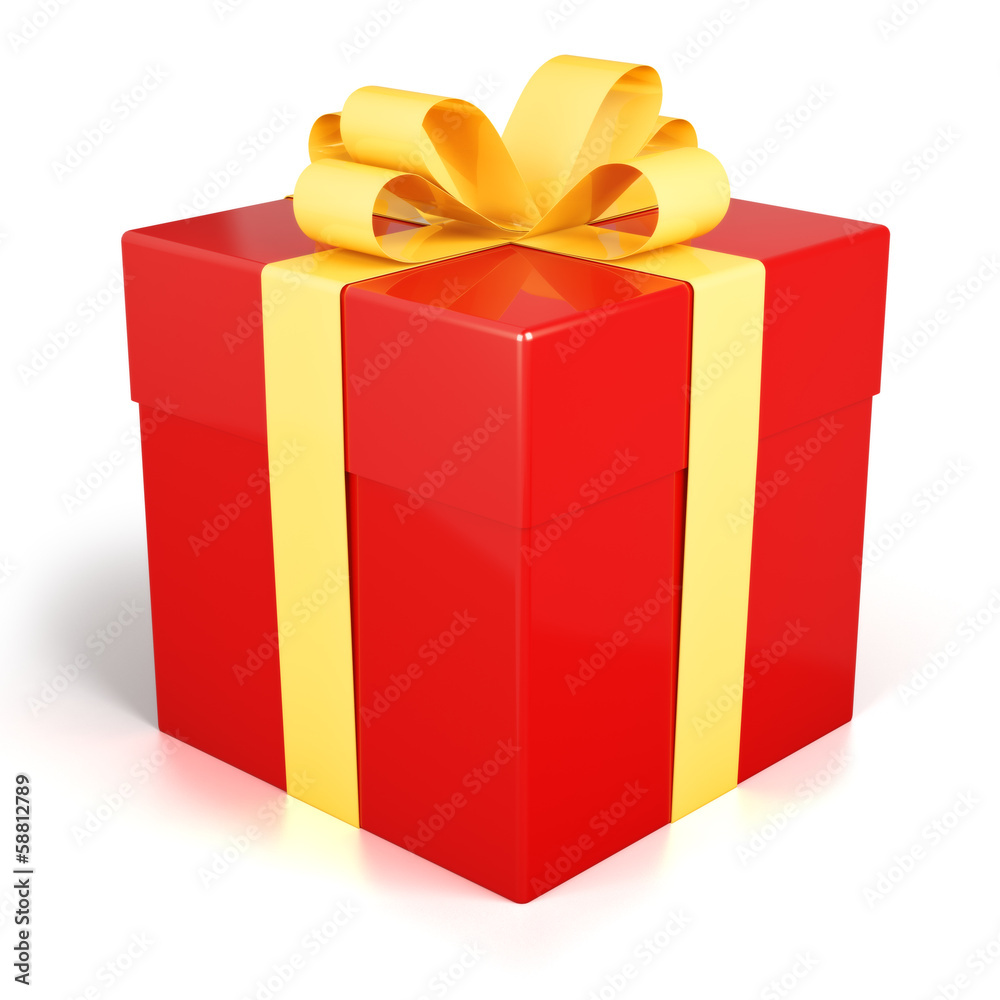 Red gift box present with golden ribbon isolated Red gift box present with golden ribbon isolated