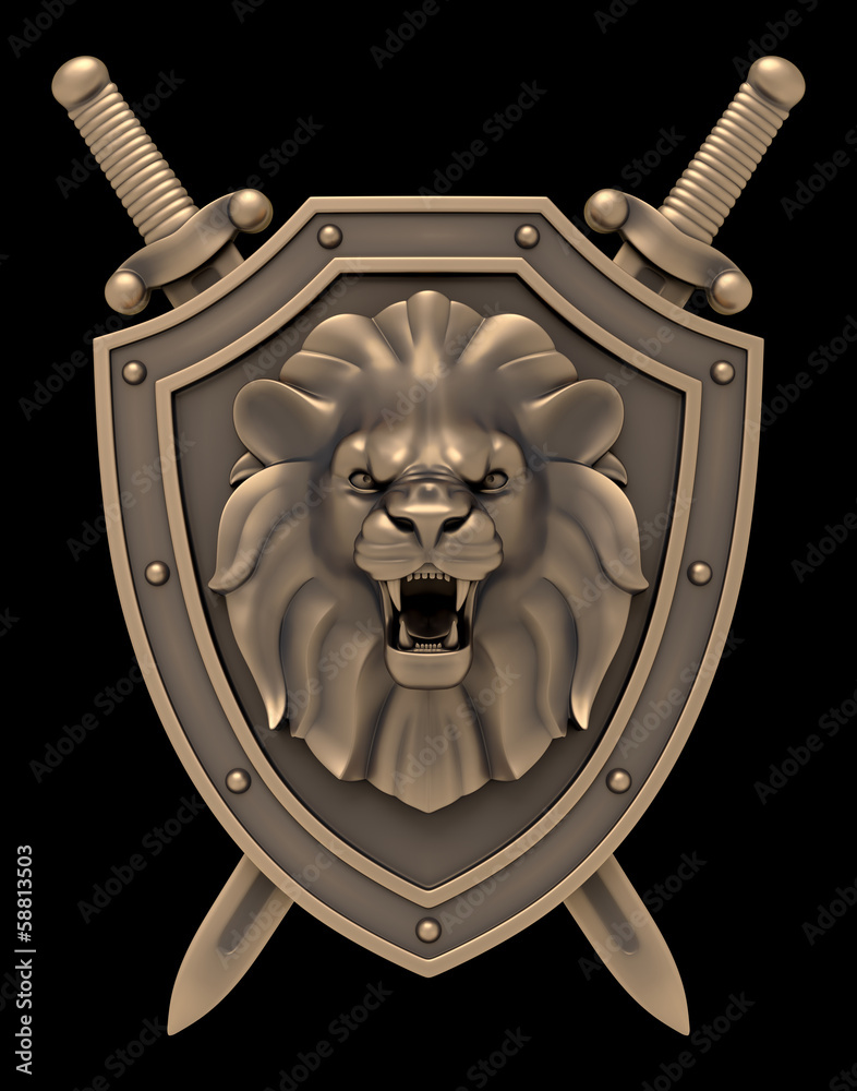 Lion's Head Emblem. Coat-of-Arms composed from a bas-relief of lion head in  center of a shield with crossed swords Иллюстрация Stock | Adobe Stock