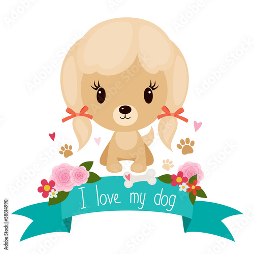 Cute little dog on a floral banner over white background