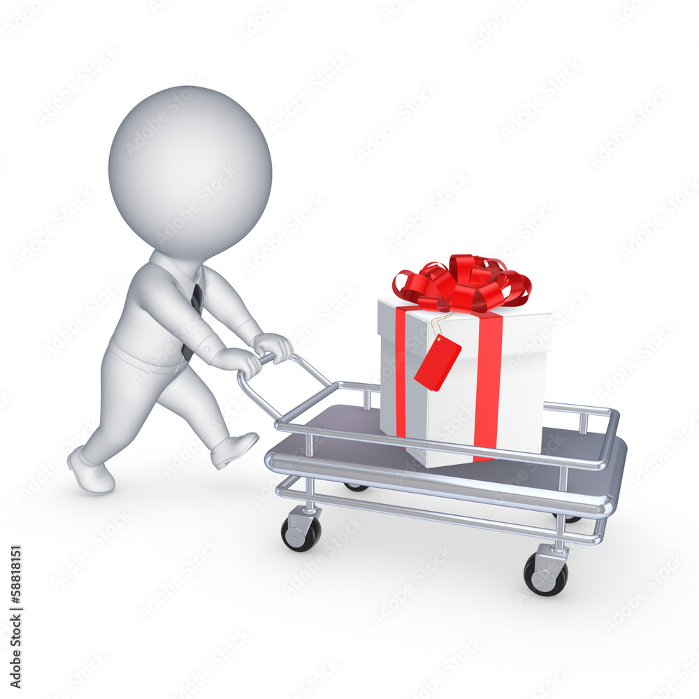3d small person with giftbox on pushcart. 3d small person with giftbox on pushcart.