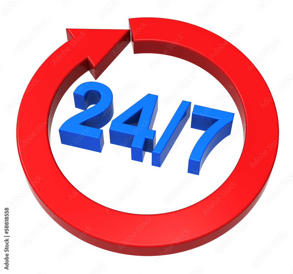 24 hours seven days a week sign over white. 24 hours seven days a week sign over white.