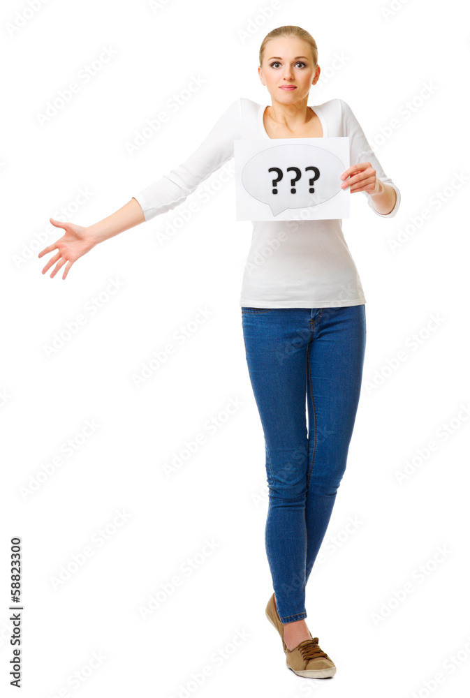 Young girl and paper sheet with question symbols Young girl and paper sheet with question symbols
