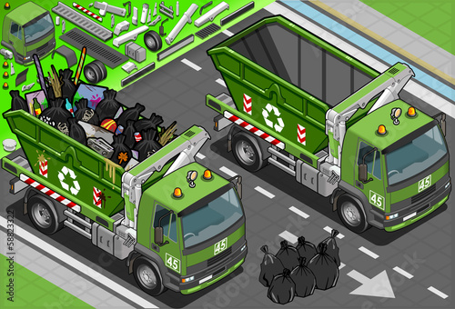 Isometric Garbage Truck with Container in Front View