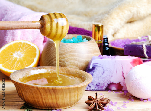 Spa setting with natural soap and sea salt