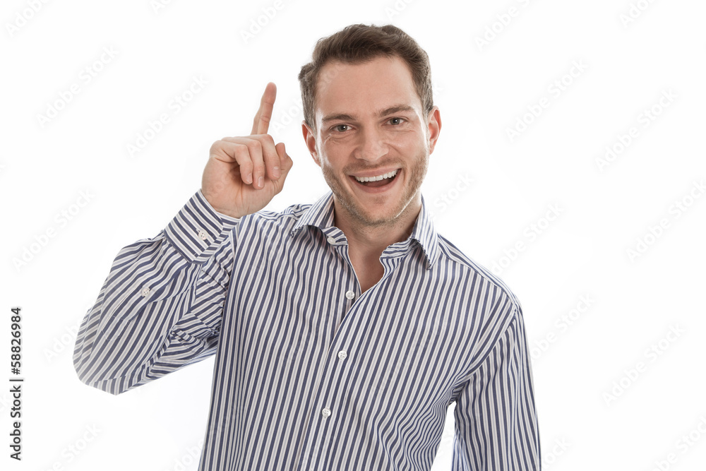 Junger Mann hat eine geniale Idee - Zeigefinger isoliert Junger Mann hat eine geniale Idee - Zeigefinger isoliert