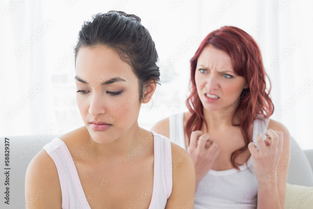 Angry female friends having an argument in living room Angry female friends having an argument in living room