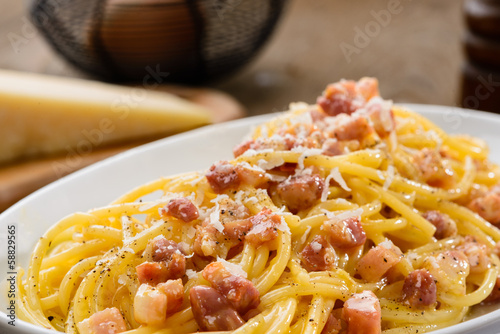 Italian pasta, carbonara spaghetti, close-up, selective focus