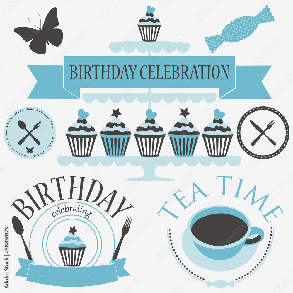 Vector set of birthday icons in blue colors.