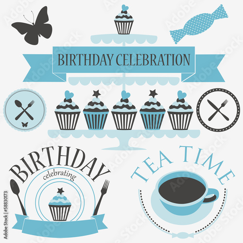 Vector set of birthday icons in blue colors.