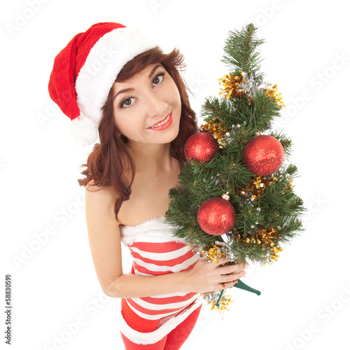 Santa woman with christmas tree. Wide angle