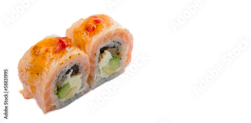 Sushi roll with salmon isolated on white background