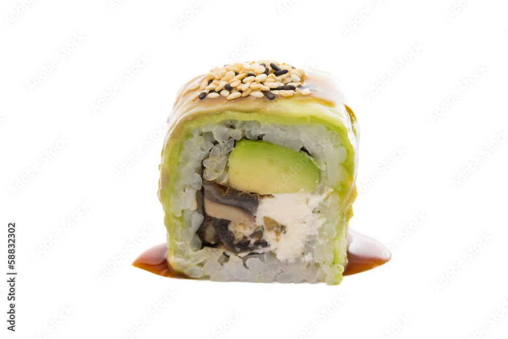 Sushi roll with avocado isolated on white background Sushi roll with avocado isolated on white background