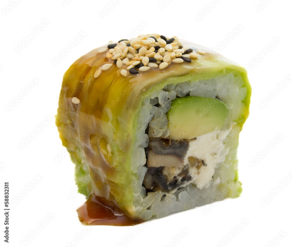 Sushi roll with avocado isolated on white background Sushi roll with avocado isolated on white background