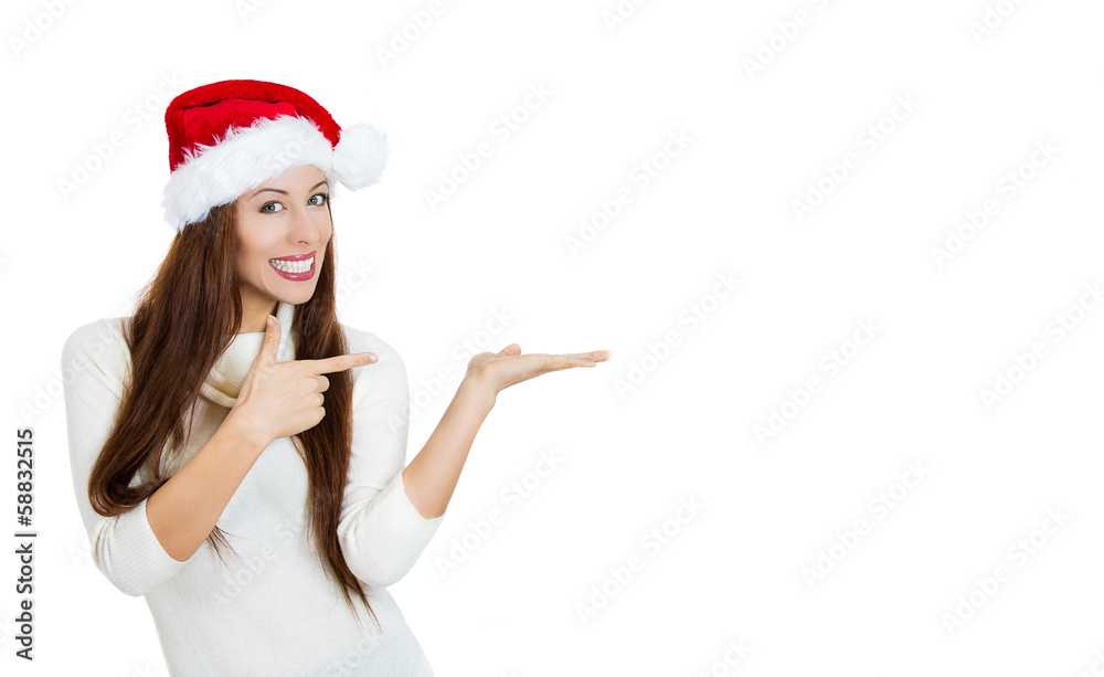 Christmas happy woman pointing at copy space Christmas happy woman pointing at copy space