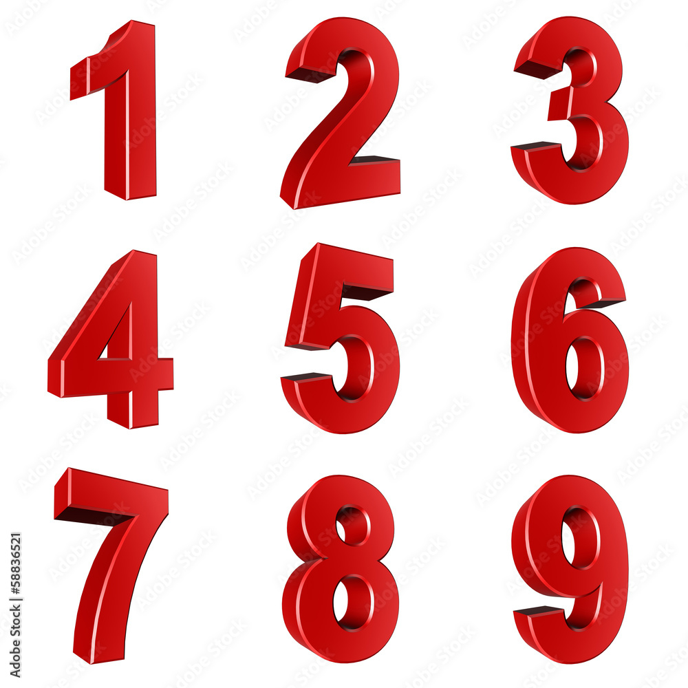 Number from 1 to 9 in red over white background Number from 1 to 9 in red over white background