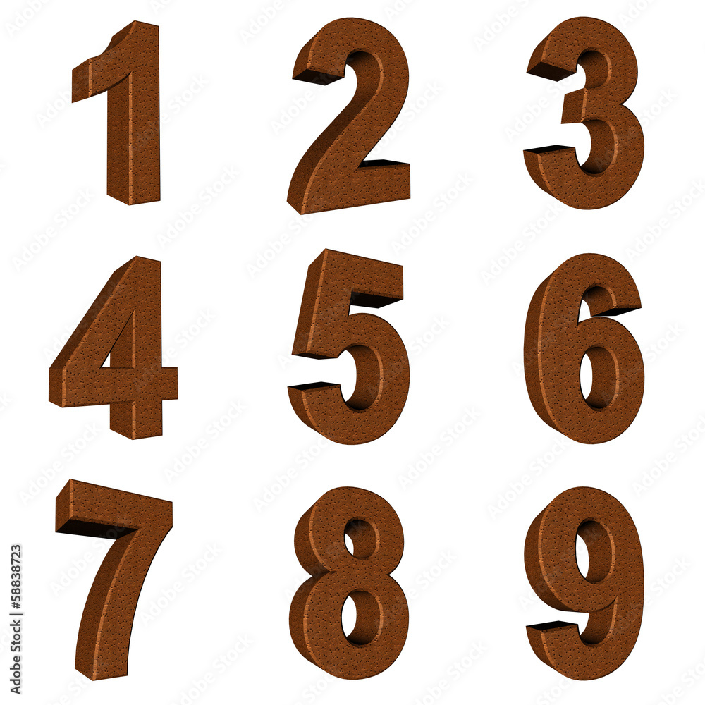 Number from 1 to 9 in leather over white background